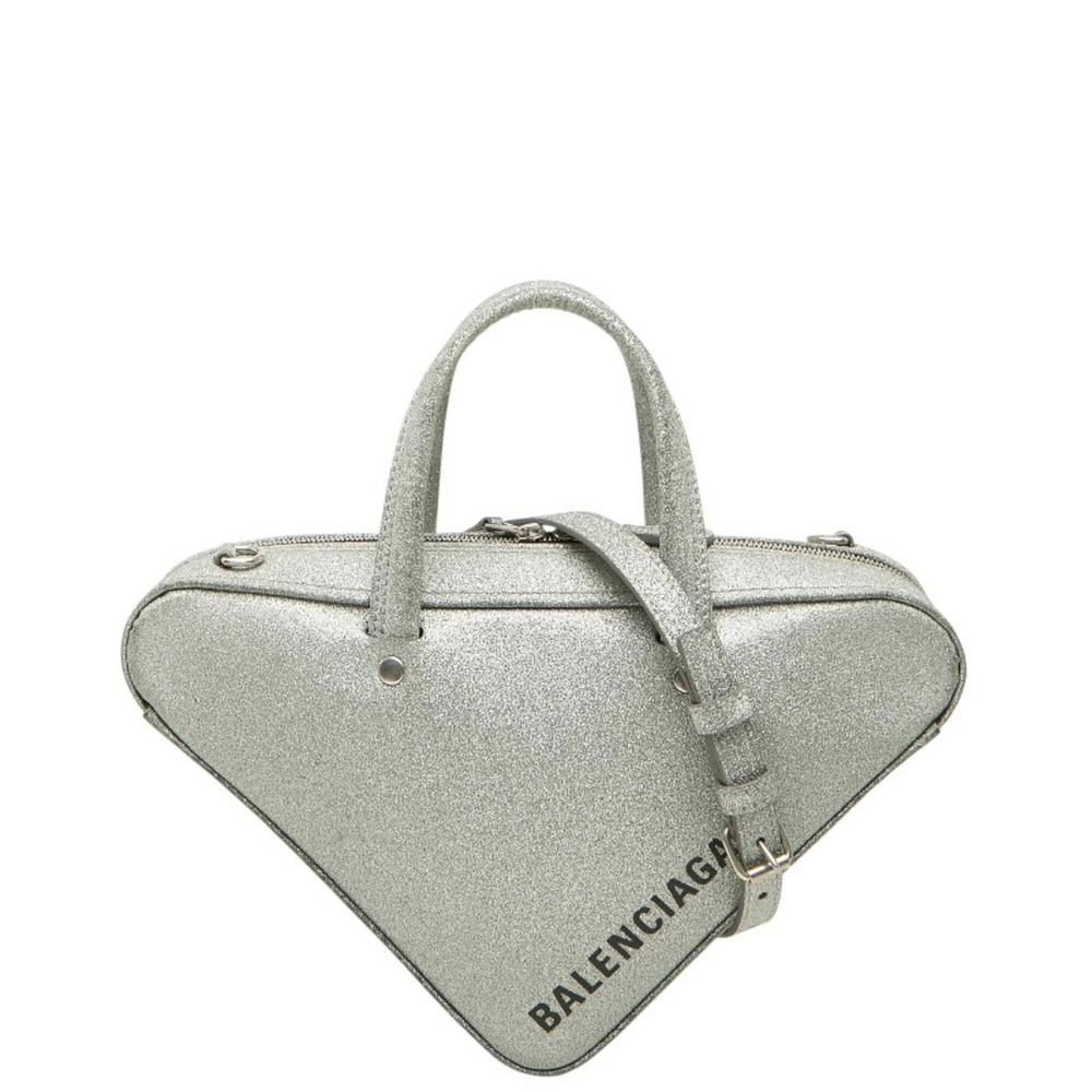 Balenciaga Triangle Duffle Handbag Shoulder Bag 2WAY 531048 Silver Leather Wo...